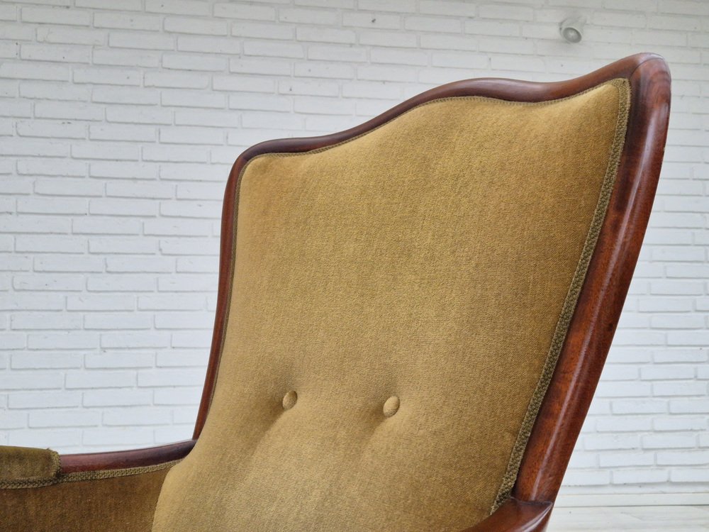 Danish Highback Armchair in Green Velour, 1950s