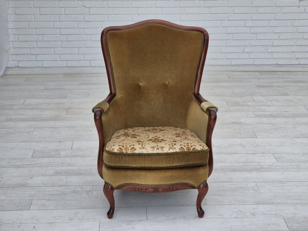 Danish Highback Armchair in Green Velour, 1950s