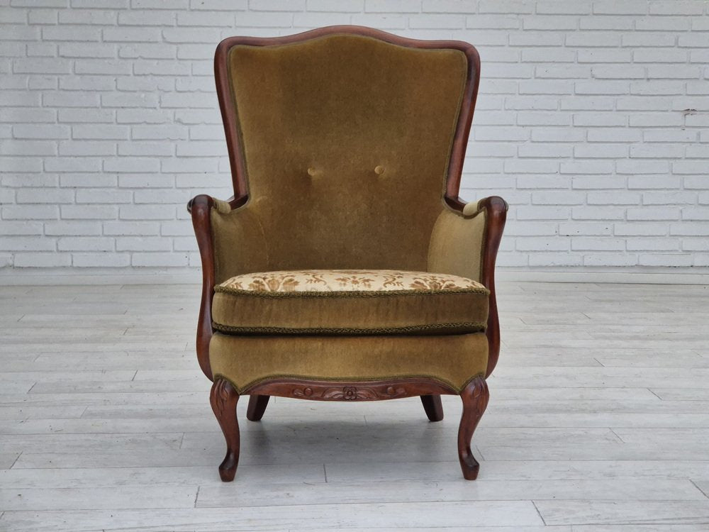 Danish Highback Armchair in Green Velour, 1950s