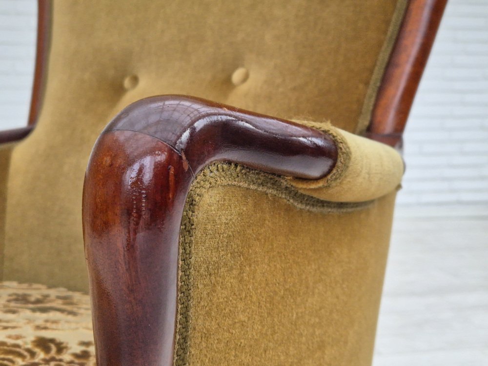 Danish Highback Armchair in Green Velour, 1950s