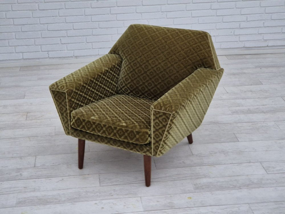 Danish Highback Armchair in Upholstery, Green Velour & Teak Wood by Georg Thams for Vejen Polstermøbelfabrik, 1970s