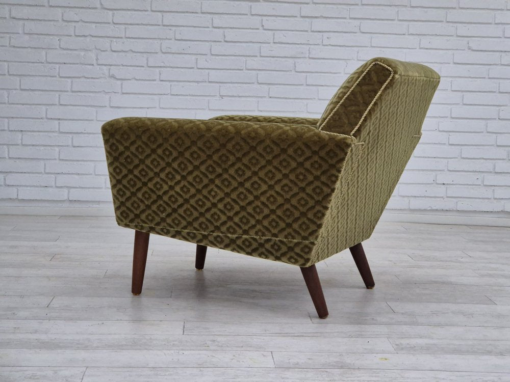 Danish Highback Armchair in Upholstery, Green Velour & Teak Wood by Georg Thams for Vejen Polstermøbelfabrik, 1970s