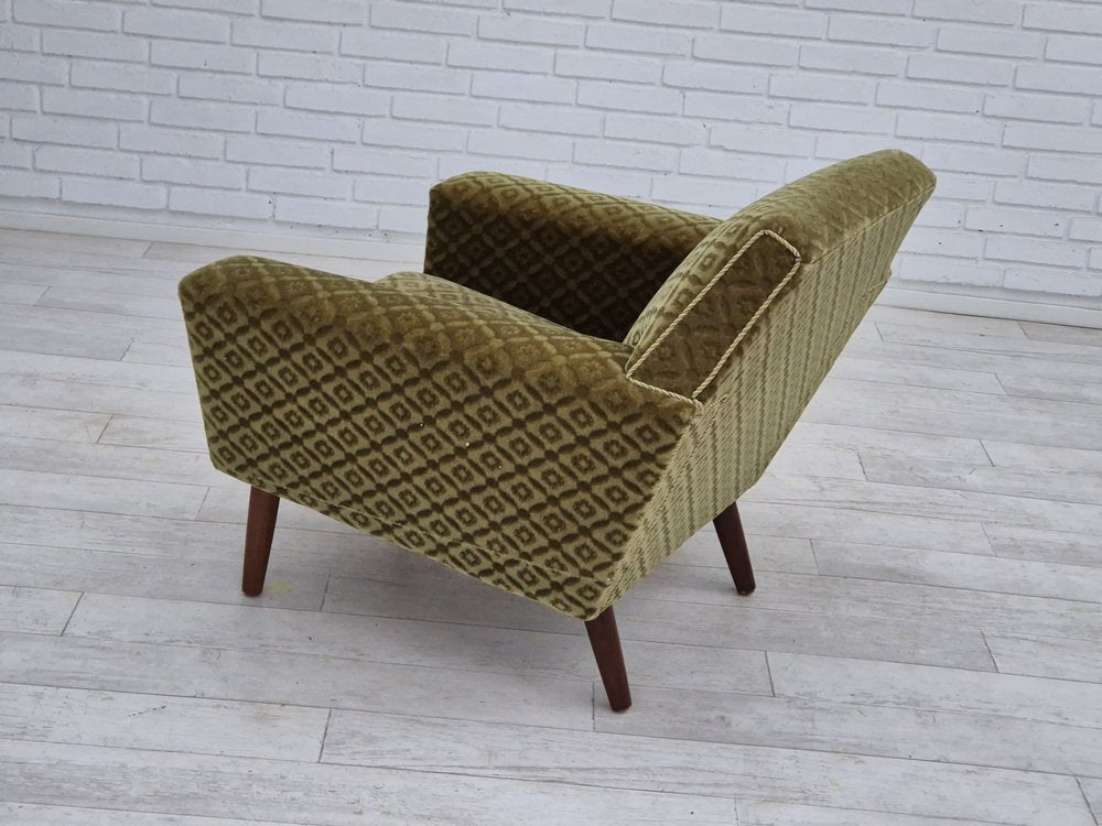 Danish Highback Armchair in Upholstery, Green Velour & Teak Wood by Georg Thams for Vejen Polstermøbelfabrik, 1970s