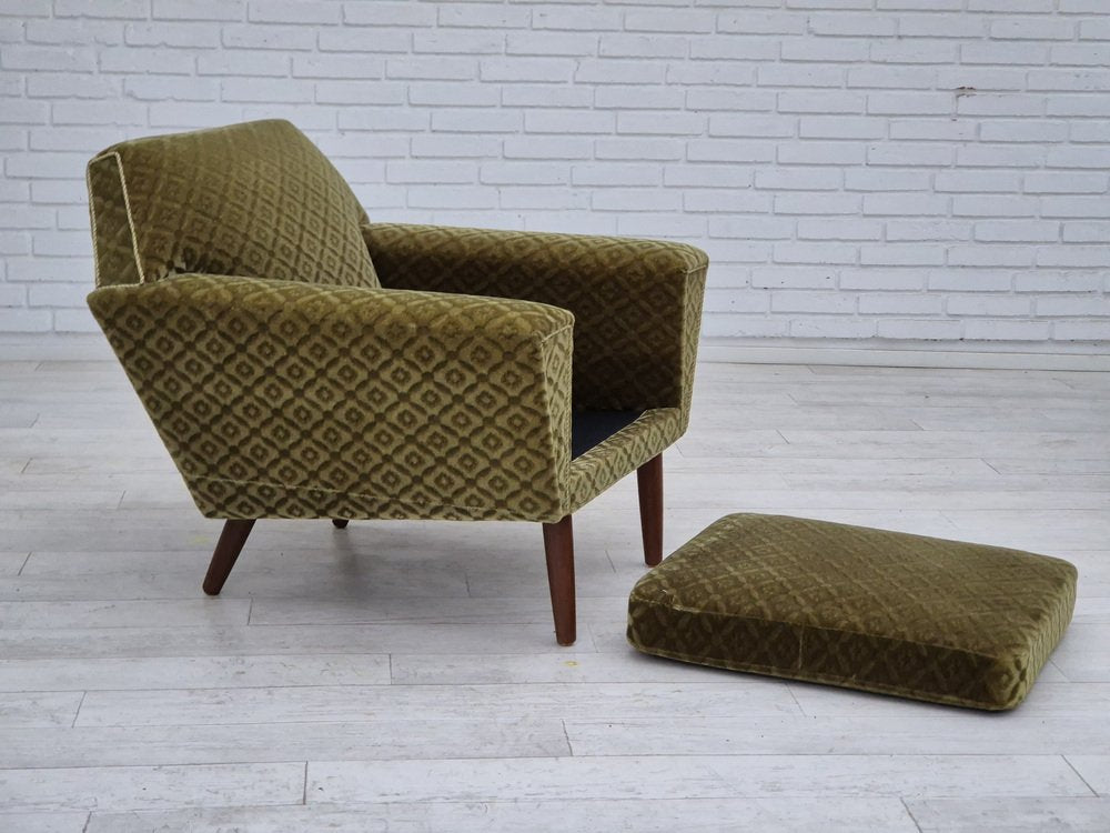 Danish Highback Armchair in Upholstery, Green Velour & Teak Wood by Georg Thams for Vejen Polstermøbelfabrik, 1970s