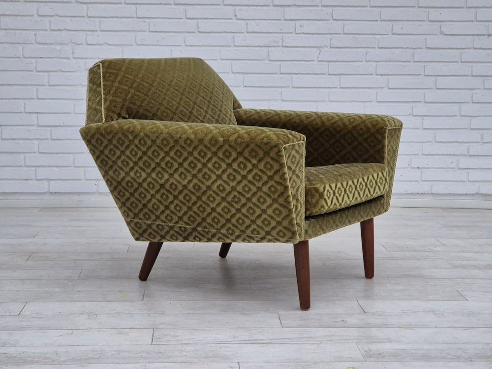 Danish Highback Armchair in Upholstery, Green Velour & Teak Wood by Georg Thams for Vejen Polstermøbelfabrik, 1970s