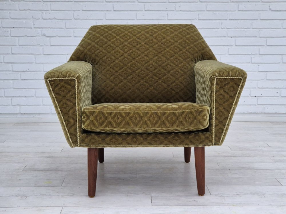 Danish Highback Armchair in Upholstery, Green Velour & Teak Wood by Georg Thams for Vejen Polstermøbelfabrik, 1970s