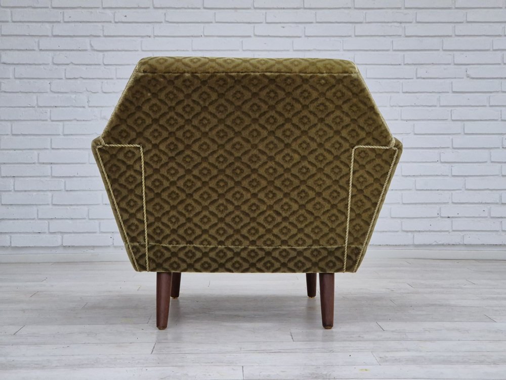 Danish Highback Armchair in Upholstery, Green Velour & Teak Wood by Georg Thams for Vejen Polstermøbelfabrik, 1970s