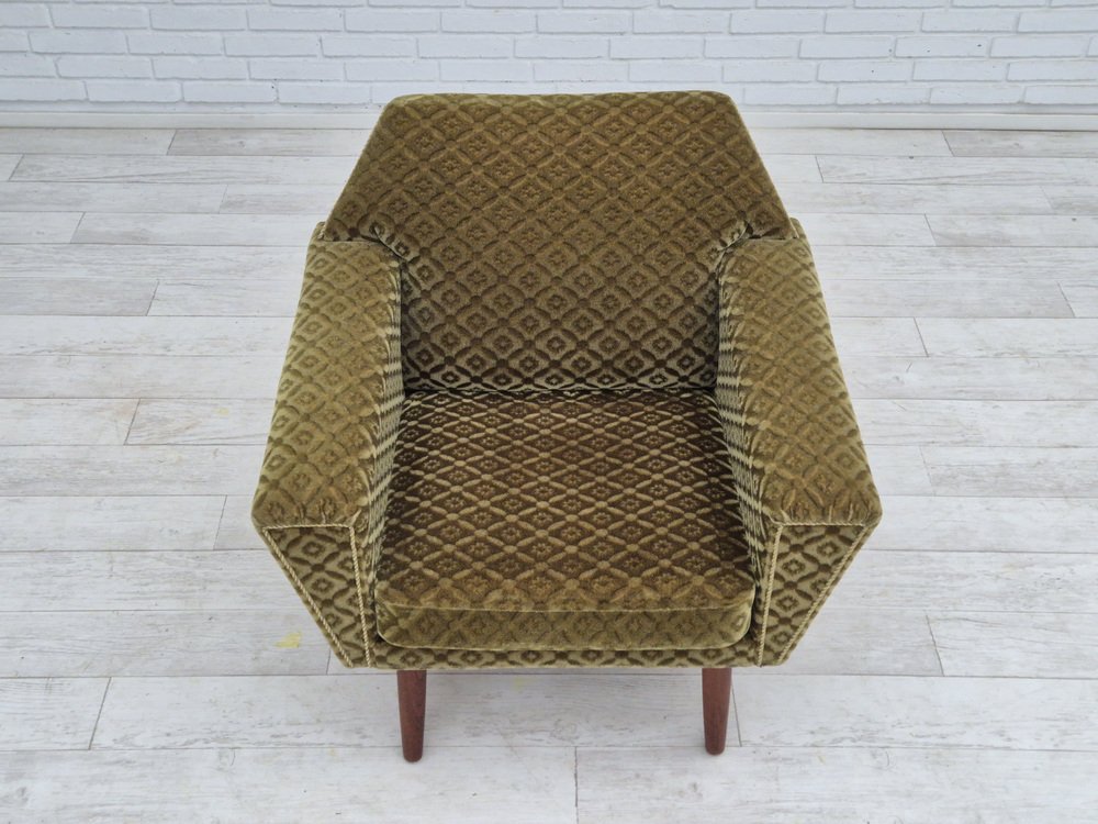 Danish Highback Armchair in Upholstery, Green Velour & Teak Wood by Georg Thams for Vejen Polstermøbelfabrik, 1970s