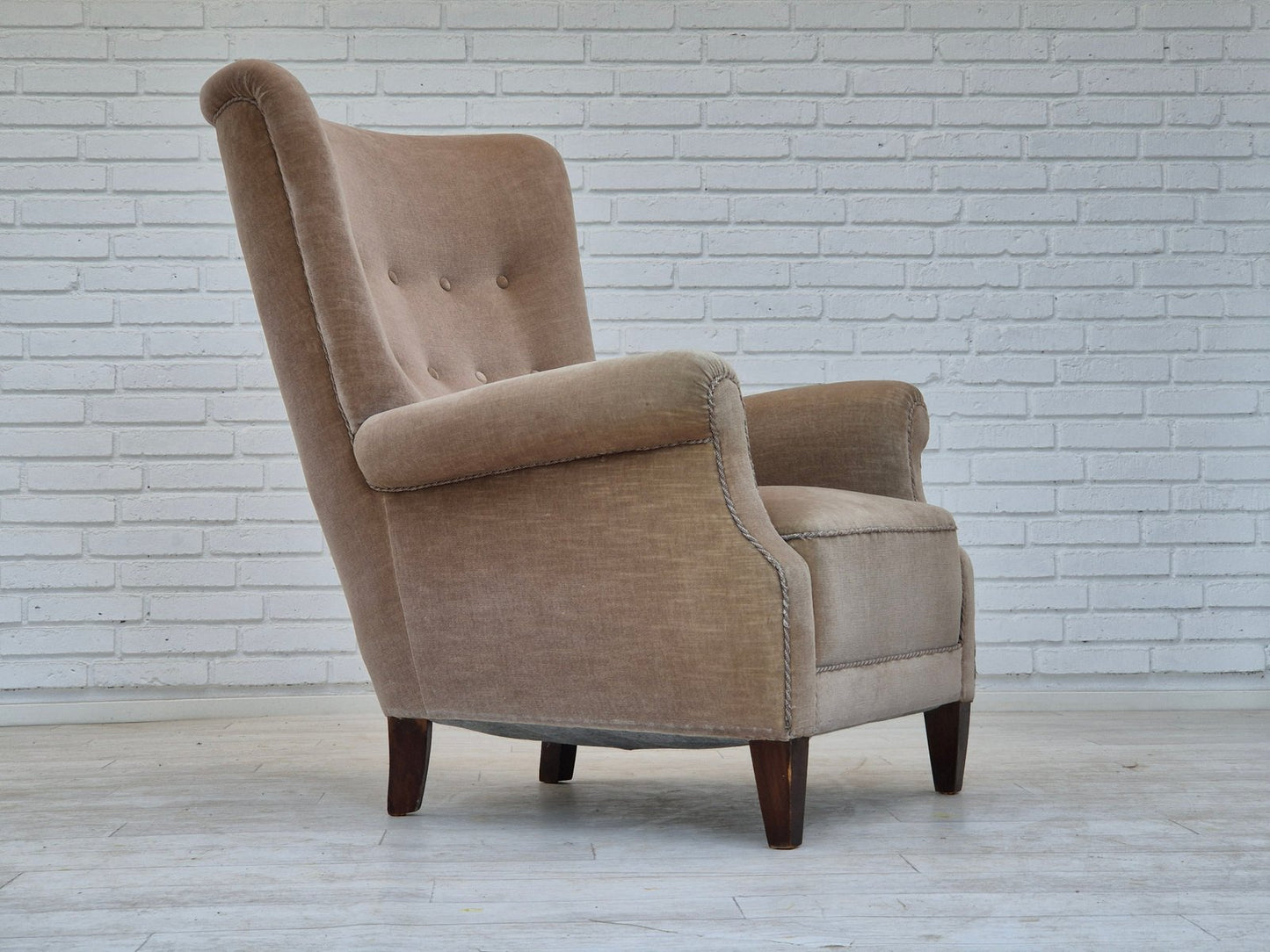 Danish Highback Armchair in Velour & Beech, 1970s