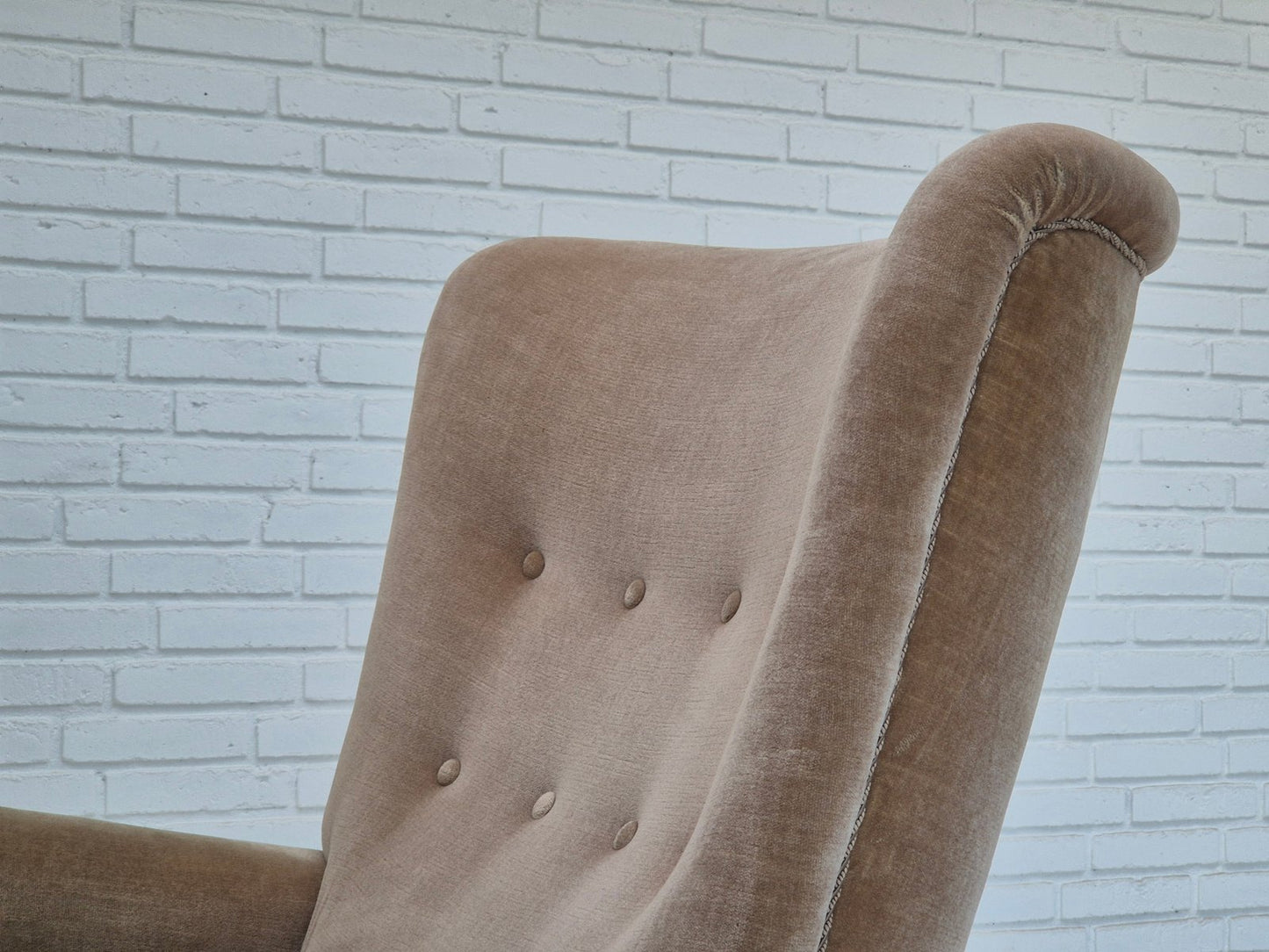 Danish Highback Armchair in Velour & Beech, 1970s