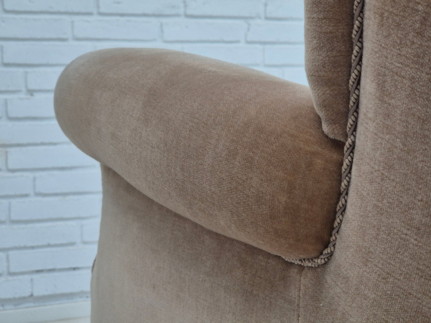 Danish Highback Armchair in Velour & Beech, 1970s