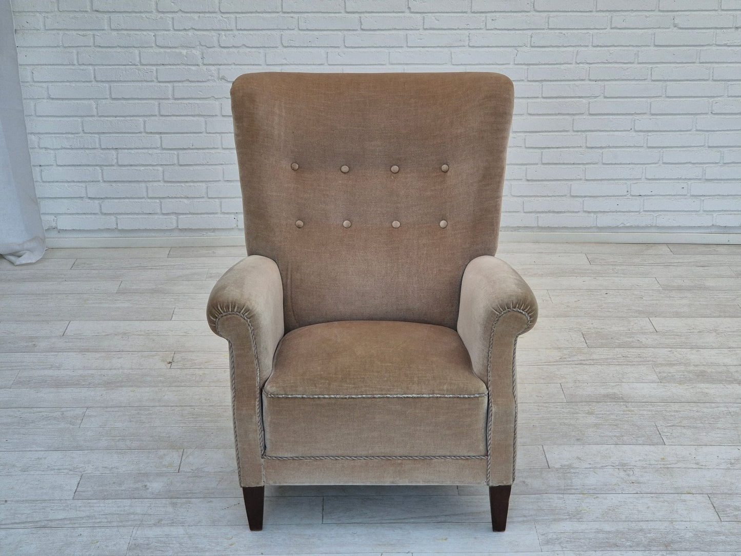 Danish Highback Armchair in Velour & Beech, 1970s