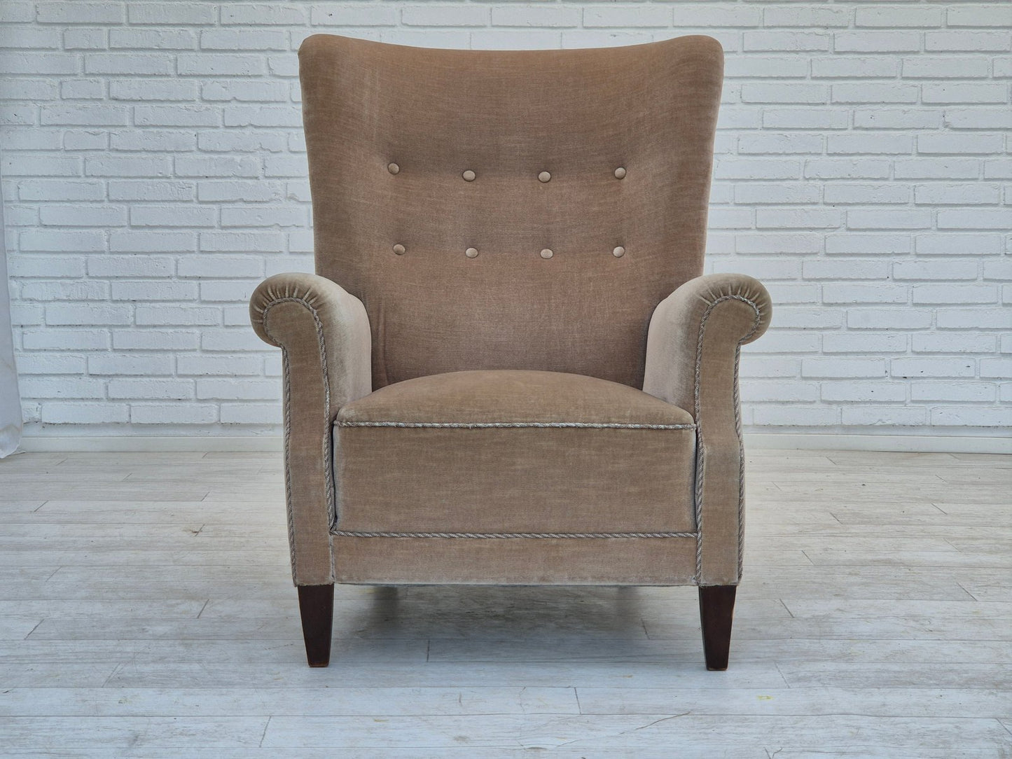 Danish Highback Armchair in Velour & Beech, 1970s