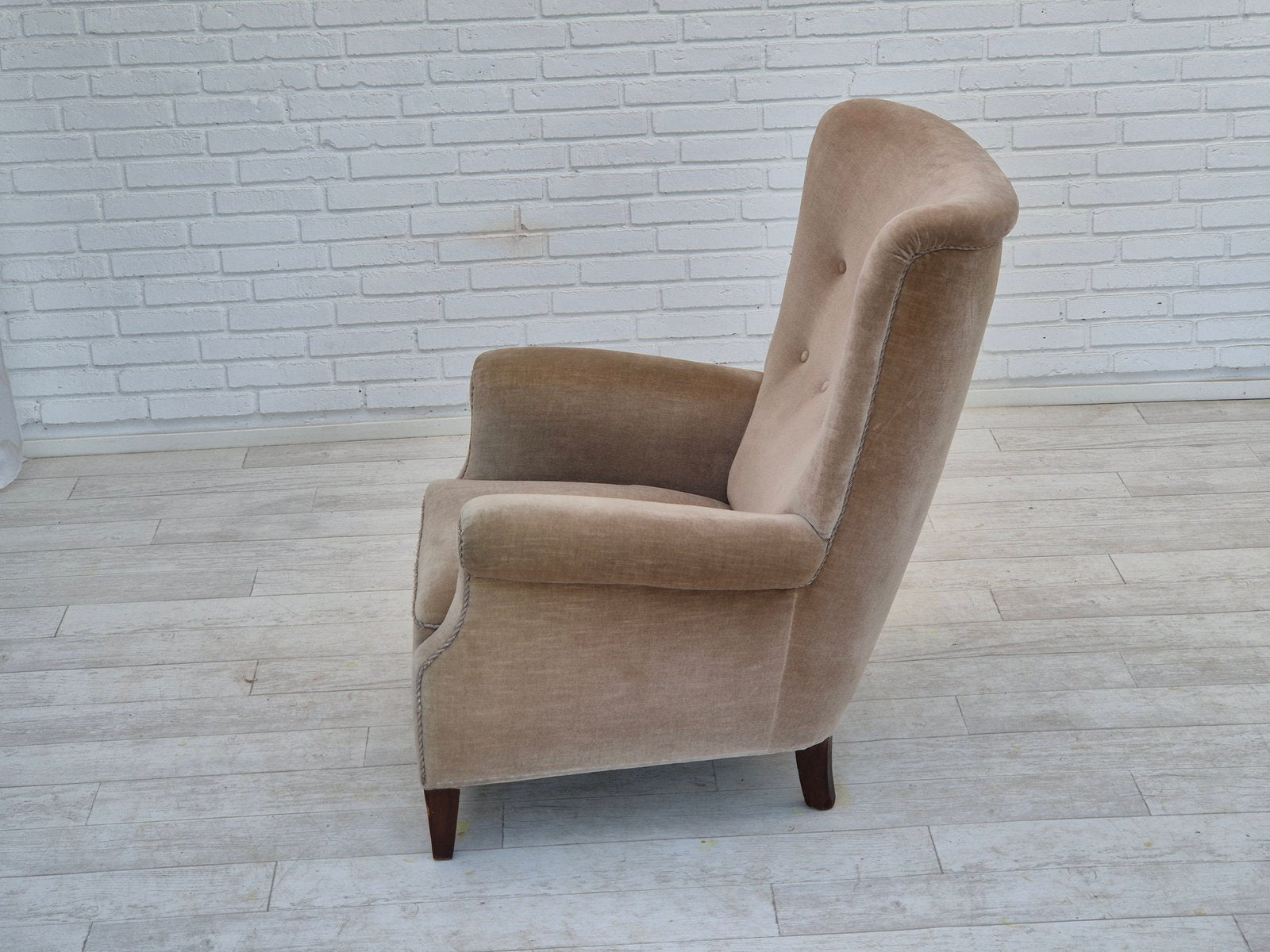 Danish Highback Armchair in Velour & Beech, 1970s