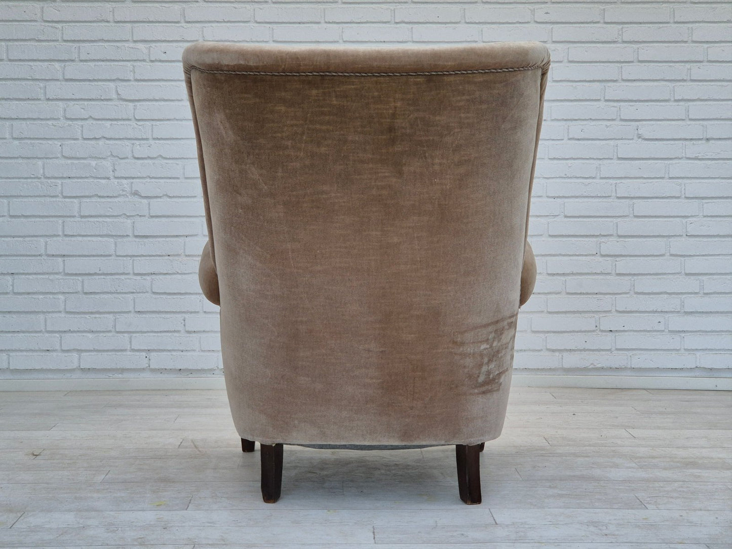 Danish Highback Armchair in Velour & Beech, 1970s