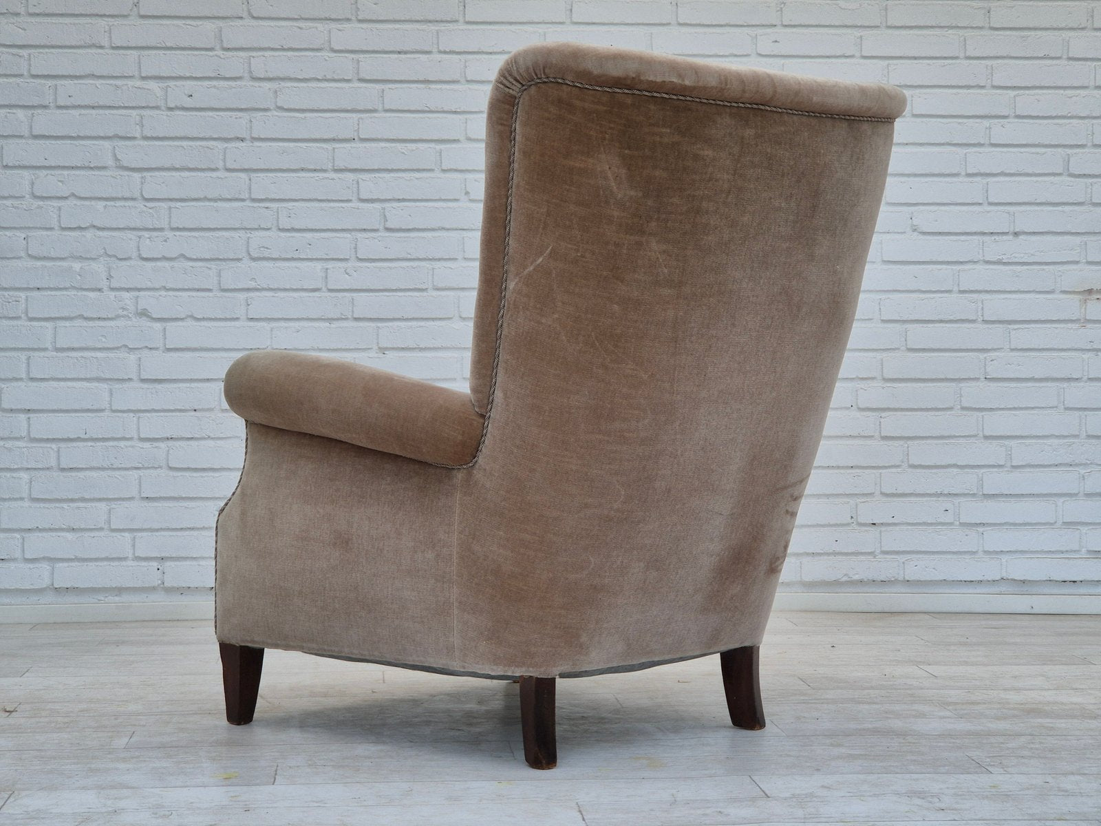 Danish Highback Armchair in Velour & Beech, 1970s