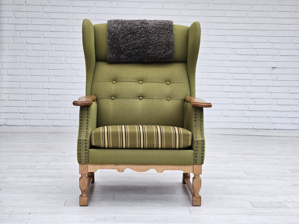 Danish Highback Armchair in Wool & Oak, 1970s