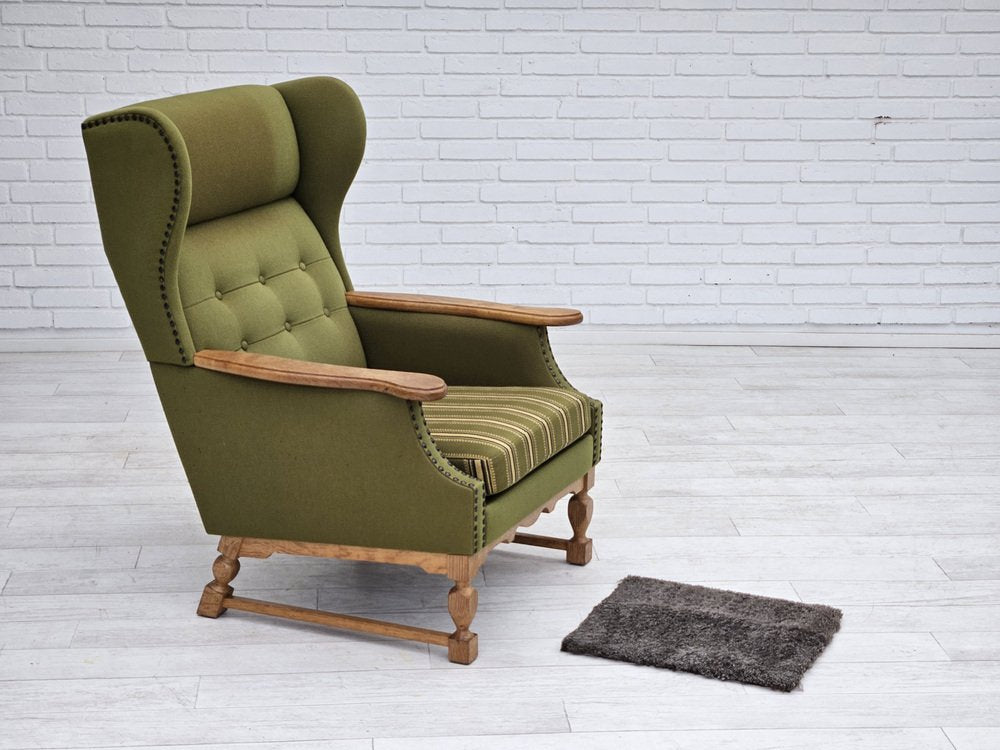 Danish Highback Armchair in Wool & Oak, 1970s