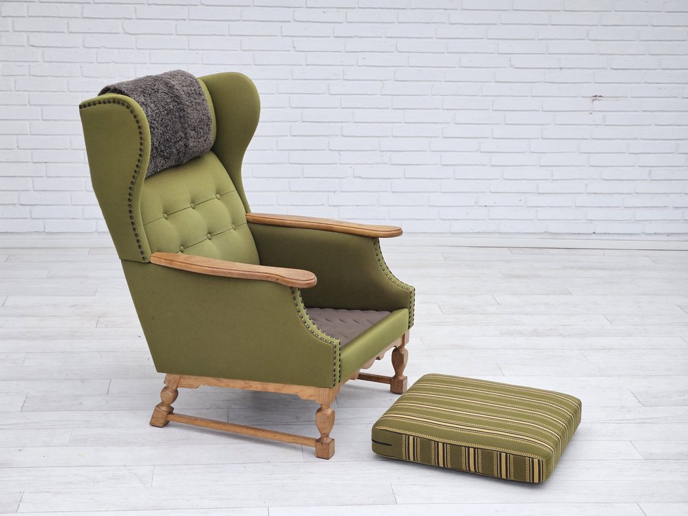 Danish Highback Armchair in Wool & Oak, 1970s