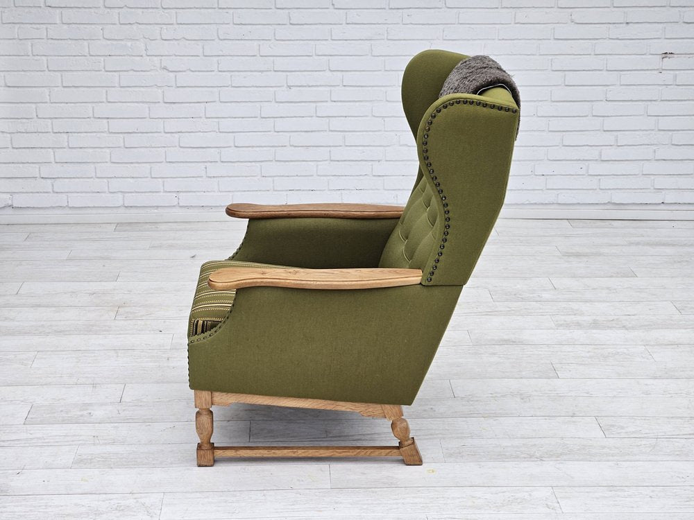 Danish Highback Armchair in Wool & Oak, 1970s