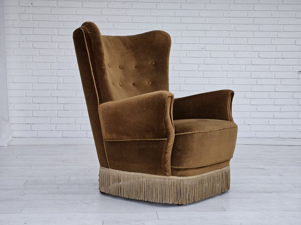 Danish Highback Relax Chair in Original Upholstery & Green Velour, 1960s