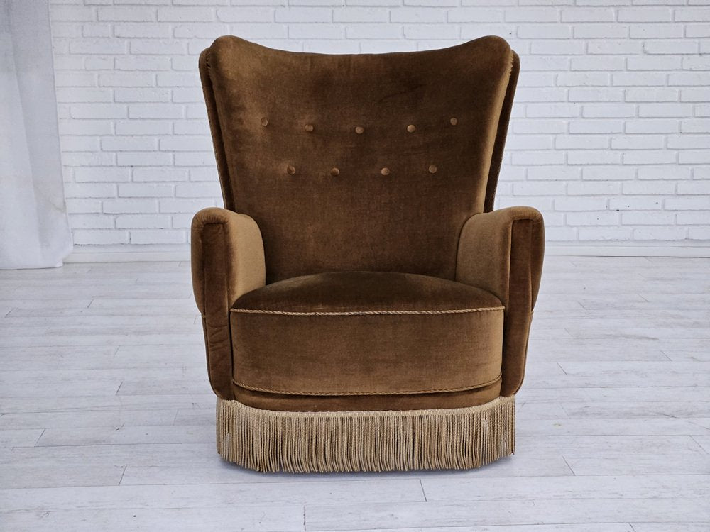 Danish Highback Relax Chair in Original Upholstery & Green Velour, 1960s