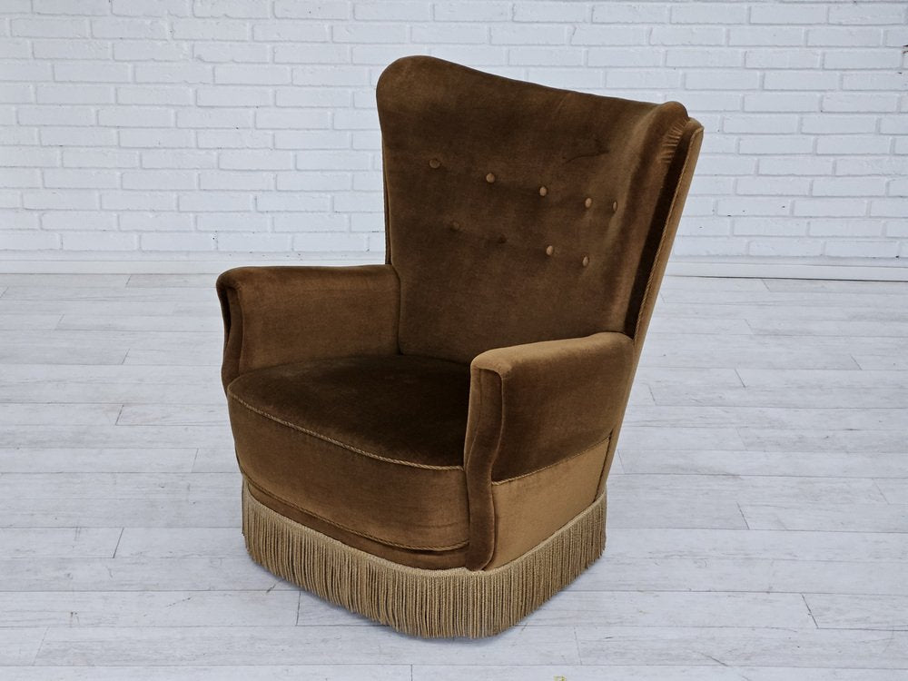 Danish Highback Relax Chair in Original Upholstery & Green Velour, 1960s