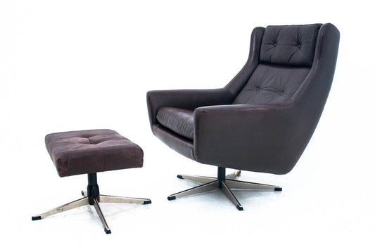 Danish Industrial Leather Armchair & Footstool, 1960s, Set of 2