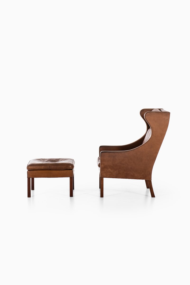 Danish Leather & Teak Model 2204 Lounge Chair & Model 2202 Ottoman Set by Børge Mogensen for Fredericia, 1950s, Set of 2