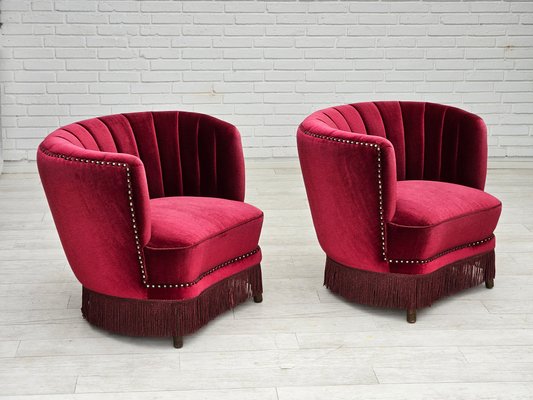 Danish Lounge Chair in Cherry-Red Velour Fabric, 1970s-TMW-2016411