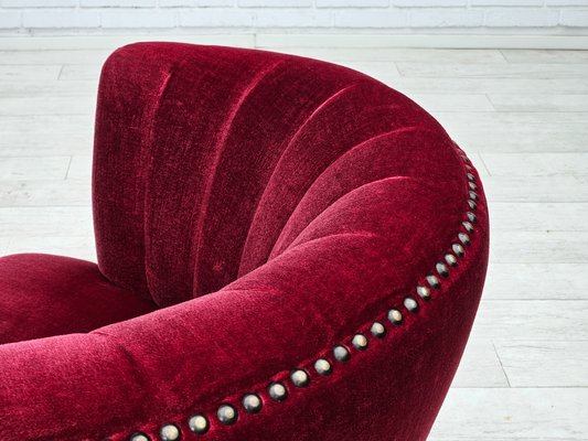 Danish Lounge Chair in Cherry-Red Velour Fabric, 1970s-TMW-2016411