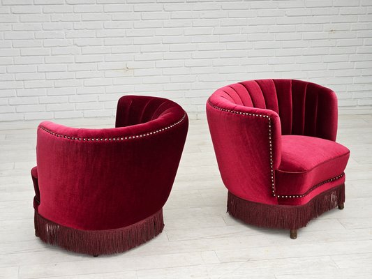 Danish Lounge Chair in Cherry-Red Velour Fabric, 1970s-TMW-2016411