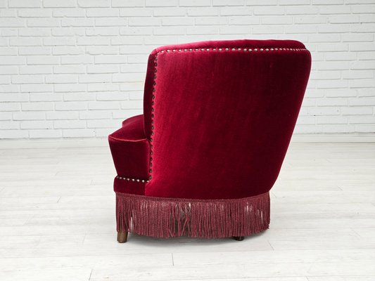 Danish Lounge Chair in Cherry-Red Velour Fabric, 1970s-TMW-2016411