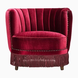 Danish Lounge Chair in Cherry-Red Velour Fabric, 1970s-TMW-2016411