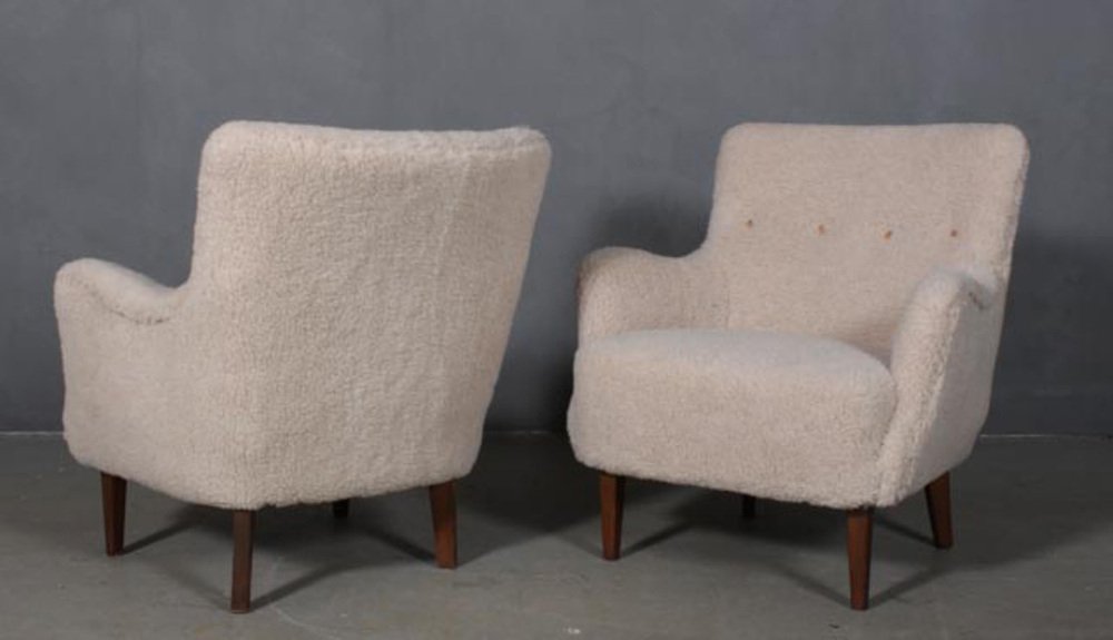 Danish Lounge Chairs in Lambswool, 1940s, Set of 2