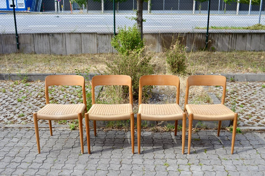 Danish Model 75 Oak Dining Papercord Chair for J.L. Møllers by Niels Otto (N. O.) Møller, 1970s, Set of 4