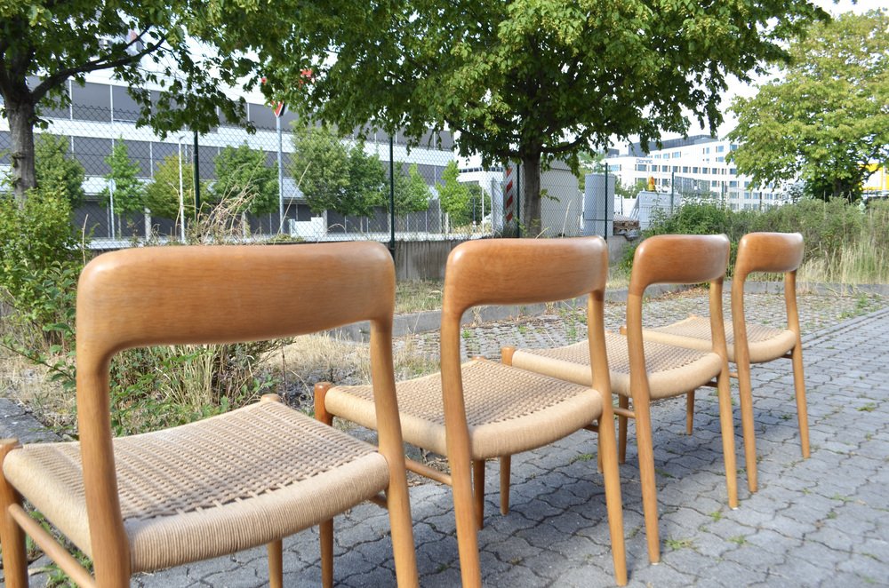 Danish Model 75 Oak Dining Papercord Chair for J.L. Møllers by Niels Otto (N. O.) Møller, 1970s, Set of 4