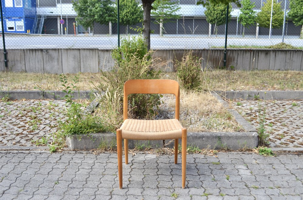 Danish Model 75 Oak Dining Papercord Chair for J.L. Møllers by Niels Otto (N. O.) Møller, 1970s, Set of 4