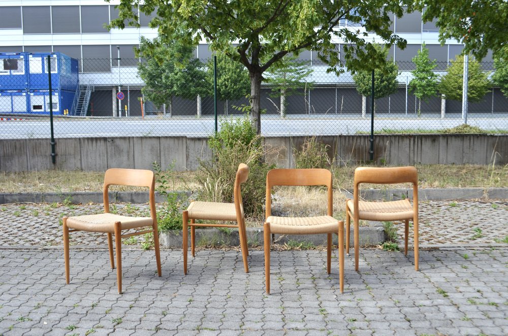 Danish Model 75 Oak Dining Papercord Chair for J.L. Møllers by Niels Otto (N. O.) Møller, 1970s, Set of 4