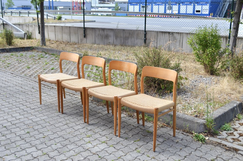 Danish Model 75 Oak Dining Papercord Chair for J.L. Møllers by Niels Otto (N. O.) Møller, 1970s, Set of 4