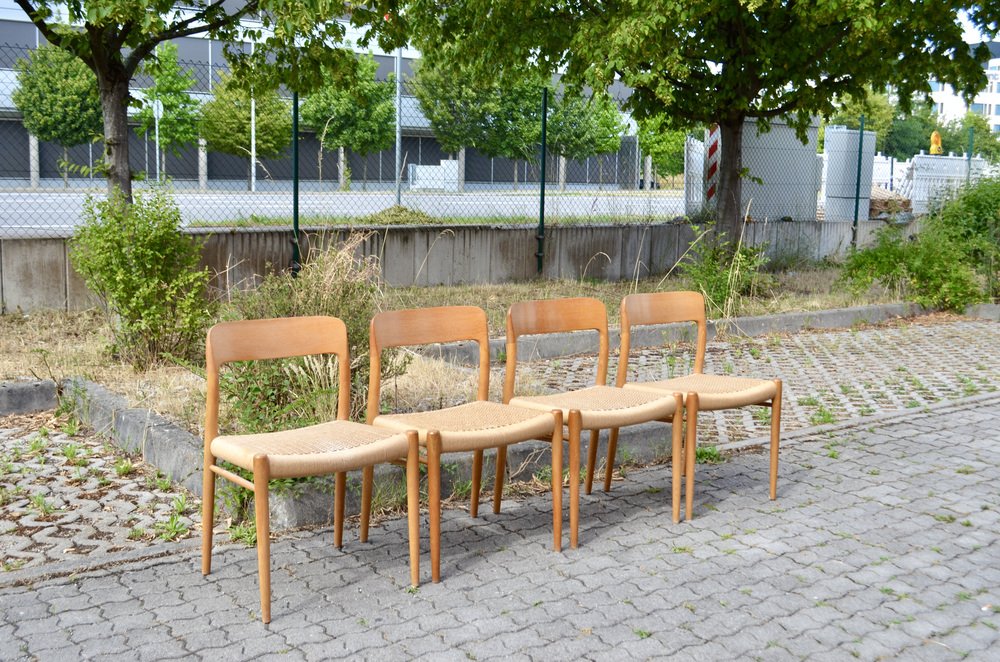 Danish Model 75 Oak Dining Papercord Chair for J.L. Møllers by Niels Otto (N. O.) Møller, 1970s, Set of 4