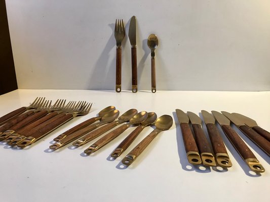 Danish Modern Brass and Teak Cutlery Set from Carl Cohr, 1960s, Set of 21-LCR-995933