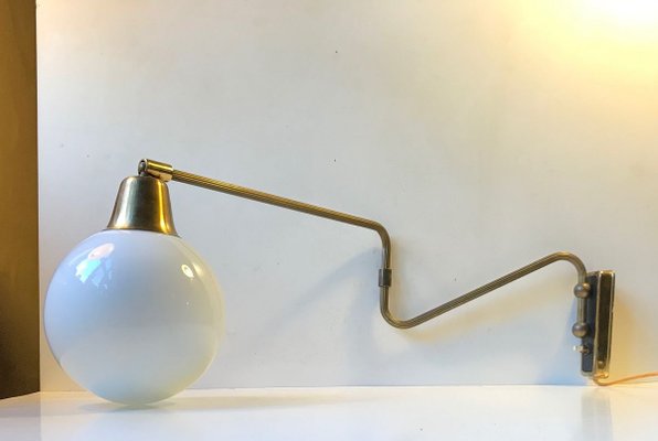 Danish Modern Brass Swing Arm Wall Light with Opaline Sphere from Laoni, 1960s-LCR-696292