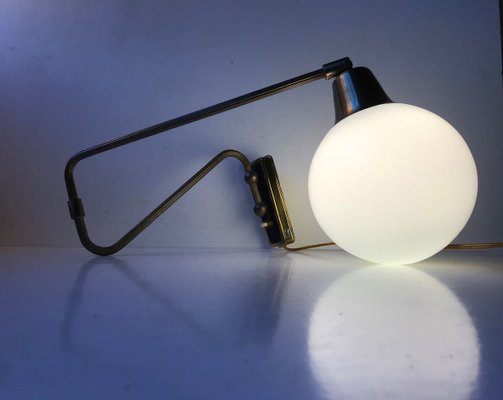 Danish Modern Brass Swing Arm Wall Light with Opaline Sphere from Laoni, 1960s-LCR-696292