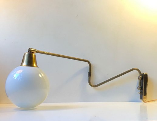 Danish Modern Brass Swing Arm Wall Light with Opaline Sphere from Laoni, 1960s-LCR-696292