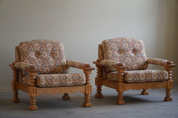 Danish Modern Brutalist Lounge Chairs in Oak attributed to Henning Kjærnulf, 1960s, Set of 2-MXF-1721449