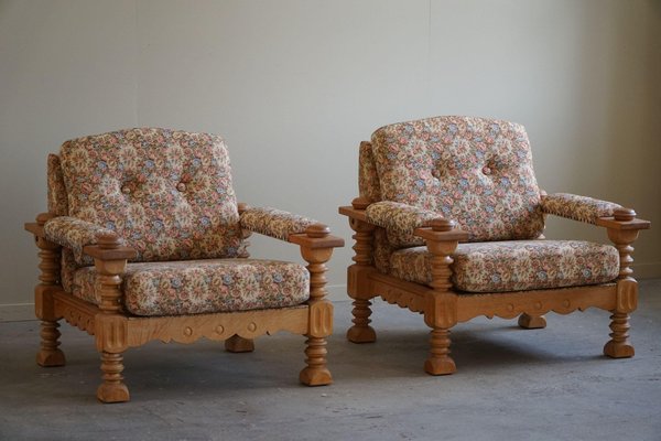 Danish Modern Brutalist Lounge Chairs in Oak attributed to Henning Kjærnulf, 1960s, Set of 2-MXF-1721449