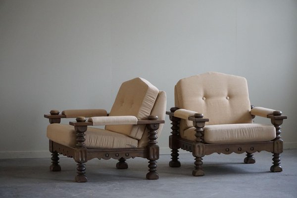 Danish Modern Brutalist Lounge Chairs in Oak attributed to Henning Kjærnulf, 1960s, Set of 2-MXF-1800837