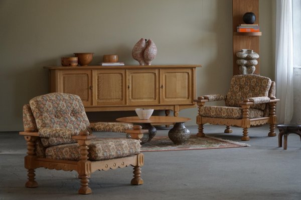 Danish Modern Brutalist Lounge Chairs in Oak attributed to Henning Kjærnulf, 1960s, Set of 2-MXF-1721449