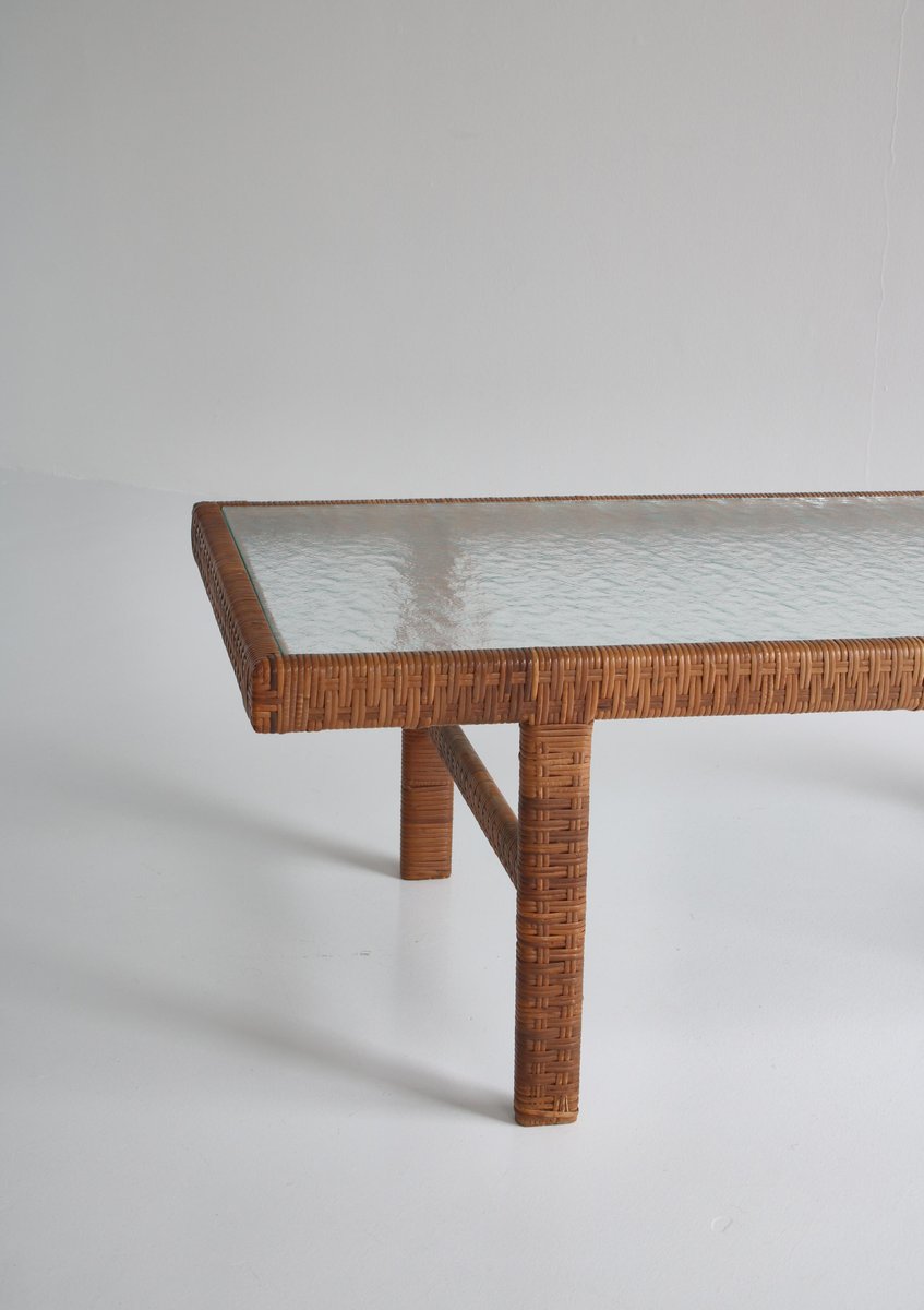 Danish Modern Coffee Table in Rattan Cane and Matt Glass by R. Wengler, 1940s